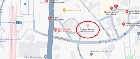Screenshot eines Kartenausschnittes der Neustädter Innenstadt. der Standort des neuen Rathauses ist mit einem roten Kasten markiert.