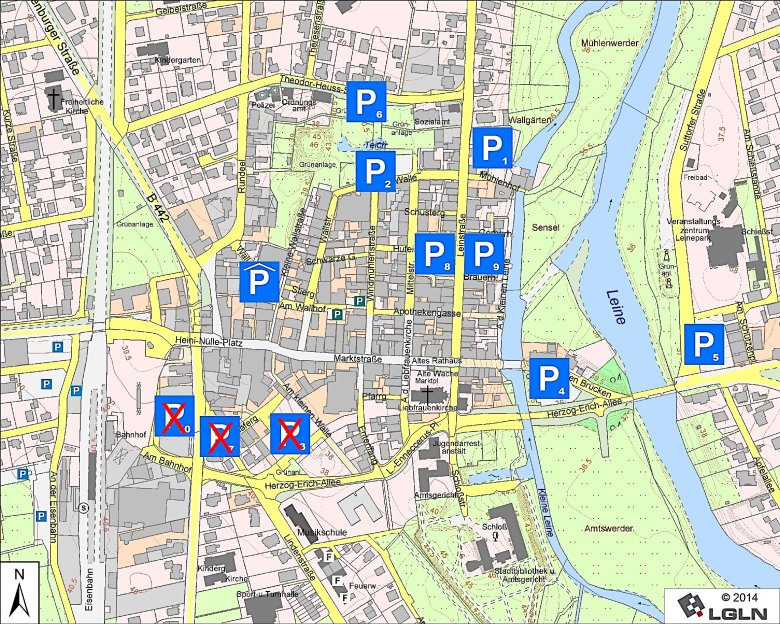 Übersichtskarte, in der die Parkmöglichkeiten in der Kernstadt eingezeichnet sind.