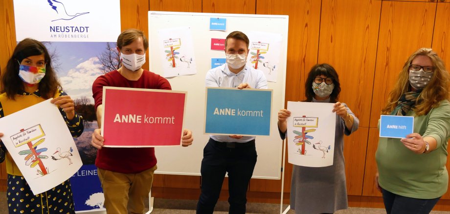Fünf Personen halten Plakate in die Kamera, auf denen steht Anne kommt. Alle tragen einen Mund-Nasen-Schutz.