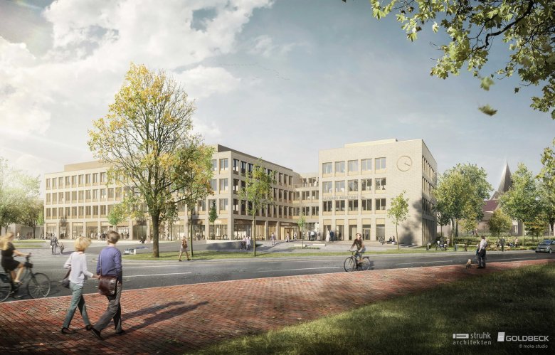 Visualisierung des neuen Rathausgebäudes von de Herzog-Erich-Allee aus betrachtet.